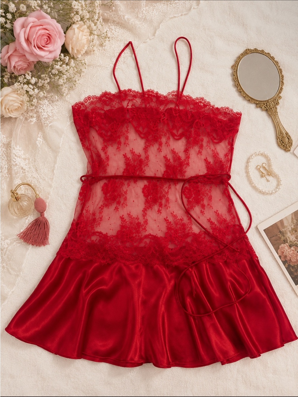 Vintage Victoria’s Secret Red Lace & Satin Chemise Nightdress Size Medium 9073